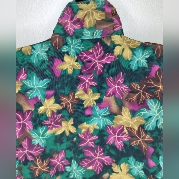 VTG 80s 90s Teddi Women's XL Satin Bomber Jacket AOP Leaf Full Zip Shoulder Pads - Picture 8 of 10